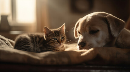 The photo depicts an adorable scene of a puppy and a kitten cuddled together, showcasing the pure innocence and sweetness of their bond. Their tiny bodies rest comfortably against each other, creating