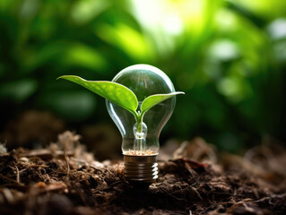 lightbulb with young plant on soil and sunshine. concept saving energy in nature - obrazy, fototapety, plakaty