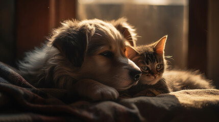 The photo depicts an adorable scene of a puppy and a kitten cuddled together, showcasing the pure innocence and sweetness of their bond. Their tiny bodies rest comfortably against each other, creating