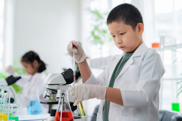 Asia cute boy wearing lab coat using dropper and transfer solution into test tube to mix it together in the elementary classroom. Learning chemistry and do the experiment in the school