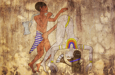 Erotic drawing from ancient Egypt looks like fresco - obrazy, fototapety, plakaty