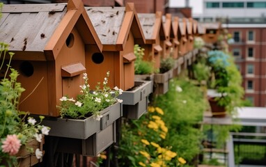 Rooftop garden on an apartment building featuring a variety of birdhouses nestled among blooming flowers and greenery created with Generative AI technology