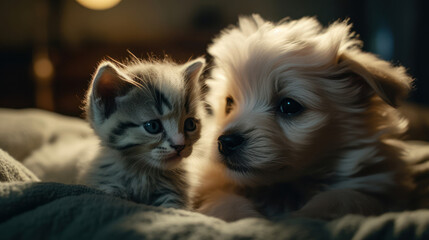 The photo depicts an adorable scene of a puppy and a kitten cuddled together, showcasing the pure innocence and sweetness of their bond. Their tiny bodies rest comfortably against each other, creating