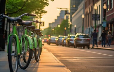 Modern urban transportation scene featuring electric vehicles and bicycles, highlighting the shift towards sustainable and eco-friendly modes of transportation created with Generative AI technology