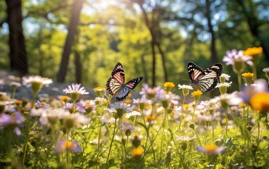 Butterflies fly over flowers and bushes in city park, biodiversity and rewilding in city created with Generative AI technology