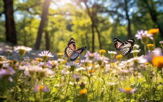 Fototapeta Butterflies fly over flowers and bushes in city park, biodiversity and rewilding in city created with Generative AI technology