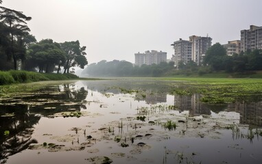 Obraz premium Waterlogging causes the lake to overflow into surrounding areas after heavy rainfall, creating temporary marshes and wetlands