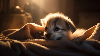 The photo depicts an adorable scene of a puppy and a kitten cuddled together, showcasing the pure innocence and sweetness of their bond. Their tiny bodies rest comfortably against each other, creating