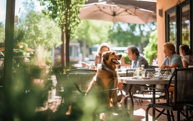 Dog sitting in a pet-friendly cafe created with Generative AI technology