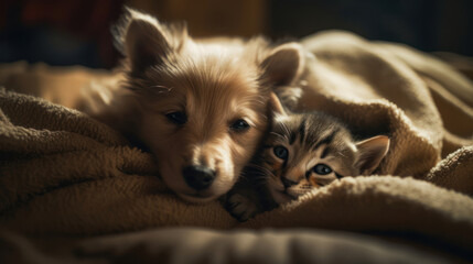 The photo depicts an adorable scene of a puppy and a kitten cuddled together, showcasing the pure innocence and sweetness of their bond. Their tiny bodies rest comfortably against each other, creating