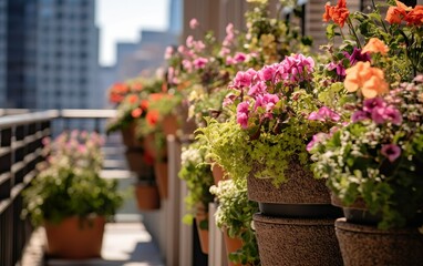 Fototapeta na wymiar Wildflowers in pots on the balcony of a building in the city created with Generative AI technology