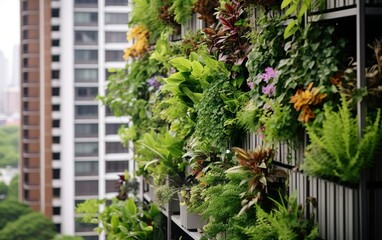 Fototapeta na wymiar Vertical garden on a high-rise apartment balcony, filled with a variety of wildflowers and green foliage, creating a lush oasis amidst the urban environment