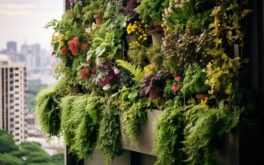 Vertical garden on a high-rise apartment balcony, filled with a variety of wildflowers and green foliage, creating a lush oasis amidst the urban environment