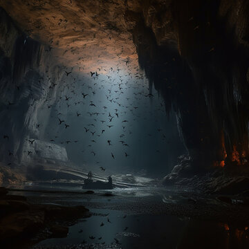 Scary gloomy karst cave deep underground with many flying bats, witchy ominous landscape, generative ai