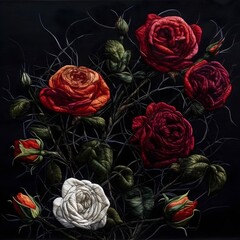 Yarn painting of roses, black background, minimalistic. Generative AI