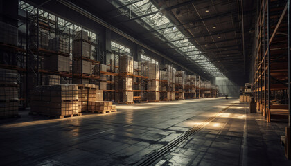 Fototapeta premium Modern warehouse with racks, boxes and containers, AI generated