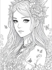 simple black and white clip art, Silhouette crisp line coloring page for adults, extremely happy Kawaii Fantasy Fairy Princess on white Lavender Fairy Costume surrounded by winter flowers and butterfl