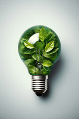 lightbulb with young plant on soil and sunshine. concept saving energy in nature