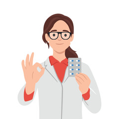 Doctor with medication. woman doc holding pills showing ok sign. Flat vector illustration isolated on white background