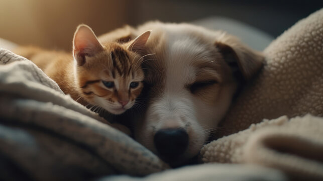 The photo depicts an adorable scene of a puppy and a kitten cuddled together, showcasing the pure innocence and sweetness of their bond. Their tiny bodies rest comfortably against each other, creating