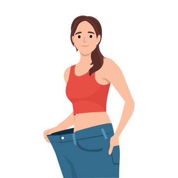 Woman lost weight. Good diet. Very big jeans on a girl. Flat vector illustration isolated on white background