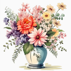 Watercolor floral illustration bouquet, Vase with flowers. Wedding invitations, greetings, wallpapers, fashion, prints. Generative AI