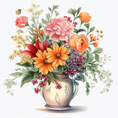 Watercolor floral illustration bouquet, Vase with flowers. Wedding invitations, greetings, wallpapers, fashion, prints. Generative AI