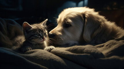 The photo depicts an adorable scene of a puppy and a kitten cuddled together, showcasing the pure innocence and sweetness of their bond. Their tiny bodies rest comfortably against each other, creating