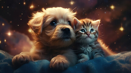 The photo depicts an adorable scene of a puppy and a kitten cuddled together, showcasing the pure innocence and sweetness of their bond. Their tiny bodies rest comfortably against each other, creating