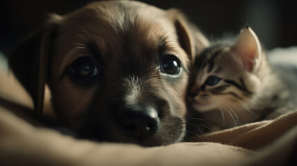 The photo depicts an adorable scene of a puppy and a kitten cuddled together, showcasing the pure innocence and sweetness of their bond. Their tiny bodies rest comfortably against each other, creating