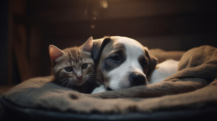 The photo depicts an adorable scene of a puppy and a kitten cuddled together, showcasing the pure innocence and sweetness of their bond. Their tiny bodies rest comfortably against each other, creating