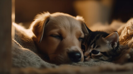 The photo depicts an adorable scene of a puppy and a kitten cuddled together, showcasing the pure innocence and sweetness of their bond. Their tiny bodies rest comfortably against each other, creating