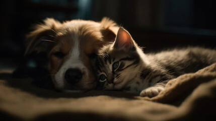 The photo depicts an adorable scene of a puppy and a kitten cuddled together, showcasing the pure innocence and sweetness of their bond. Their tiny bodies rest comfortably against each other, creating