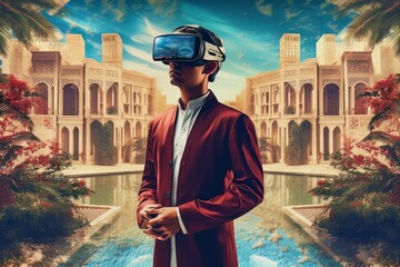Obraz na płótnie Canvas Face of modern Muslim man with beard wearing virtual reality glasses in cyber space AI