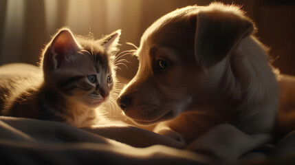 The photo depicts an adorable scene of a puppy and a kitten cuddled together, showcasing the pure innocence and sweetness of their bond. Their tiny bodies rest comfortably against each other, creating