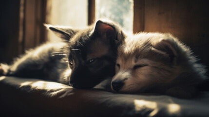 The photo depicts an adorable scene of a puppy and a kitten cuddled together, showcasing the pure innocence and sweetness of their bond. Their tiny bodies rest comfortably against each other, creating