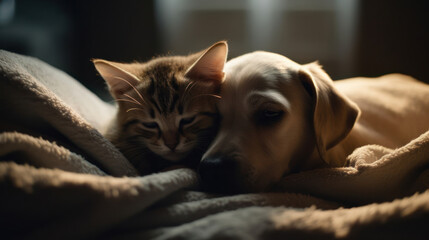The photo depicts an adorable scene of a puppy and a kitten cuddled together, showcasing the pure innocence and sweetness of their bond. Their tiny bodies rest comfortably against each other, creating