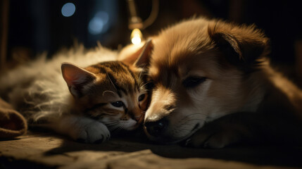 The photo depicts an adorable scene of a puppy and a kitten cuddled together, showcasing the pure innocence and sweetness of their bond. Their tiny bodies rest comfortably against each other, creating