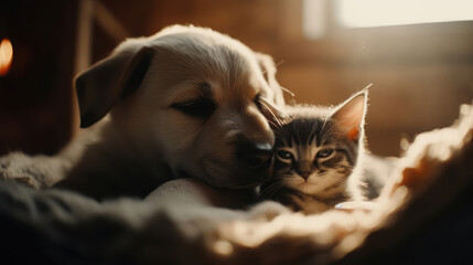 The photo depicts an adorable scene of a puppy and a kitten cuddled together, showcasing the pure innocence and sweetness of their bond. Their tiny bodies rest comfortably against each other, creating