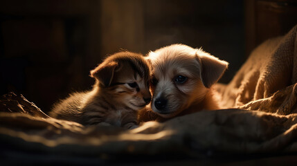 The photo depicts an adorable scene of a puppy and a kitten cuddled together, showcasing the pure innocence and sweetness of their bond. Their tiny bodies rest comfortably against each other, creating