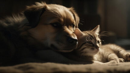 The photo depicts an adorable scene of a puppy and a kitten cuddled together, showcasing the pure innocence and sweetness of their bond. Their tiny bodies rest comfortably against each other, creating