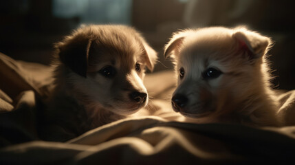 The photo depicts an adorable scene of a puppy and a kitten cuddled together, showcasing the pure innocence and sweetness of their bond. Their tiny bodies rest comfortably against each other, creating