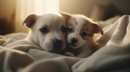 The photo depicts an adorable scene of a puppy and a kitten cuddled together, showcasing the pure innocence and sweetness of their bond. Their tiny bodies rest comfortably against each other, creating