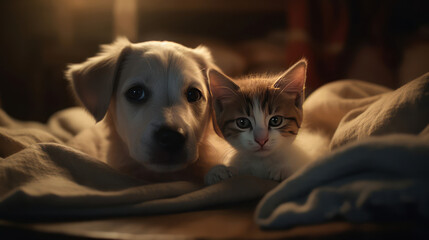 The photo depicts an adorable scene of a puppy and a kitten cuddled together, showcasing the pure innocence and sweetness of their bond. Their tiny bodies rest comfortably against each other, creating