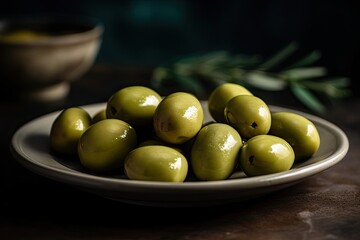 Natural olives in a plate close-up.