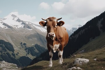Fototapeta na wymiar Illustration of a brown cow on the background of the Alpine mountains.