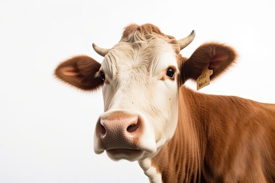 Portrait of a cow on a white background.