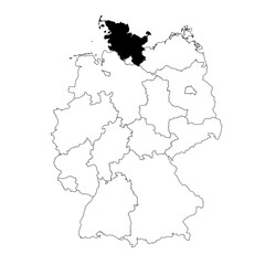 Fototapeta premium Vector map of the Bundesland of Schleswig-Holstein highlighted highlighted in black on the map of Germany.