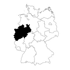 Obraz premium Vector map of the Bundesland of Nordrhein-Westfalen highlighted highlighted in black on the map of Germany.
