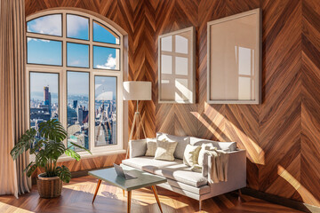 luxurious loft apartment with arched window and panoramic view over urban downtown; noble interior living room design mock up; 3D Illustration